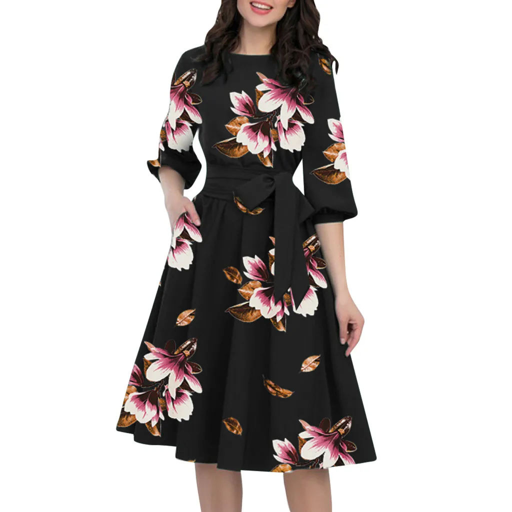 

SAGACE Office Ladies A-line Women Elegant O-neck Half Sleeve Pocket Sashes Knee-length Casual Dress