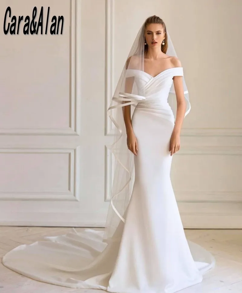 

Простое свадебное платье с юбкой-годе для женщин, с открытыми плечами, складками, женское платье для свадебной вечеринки