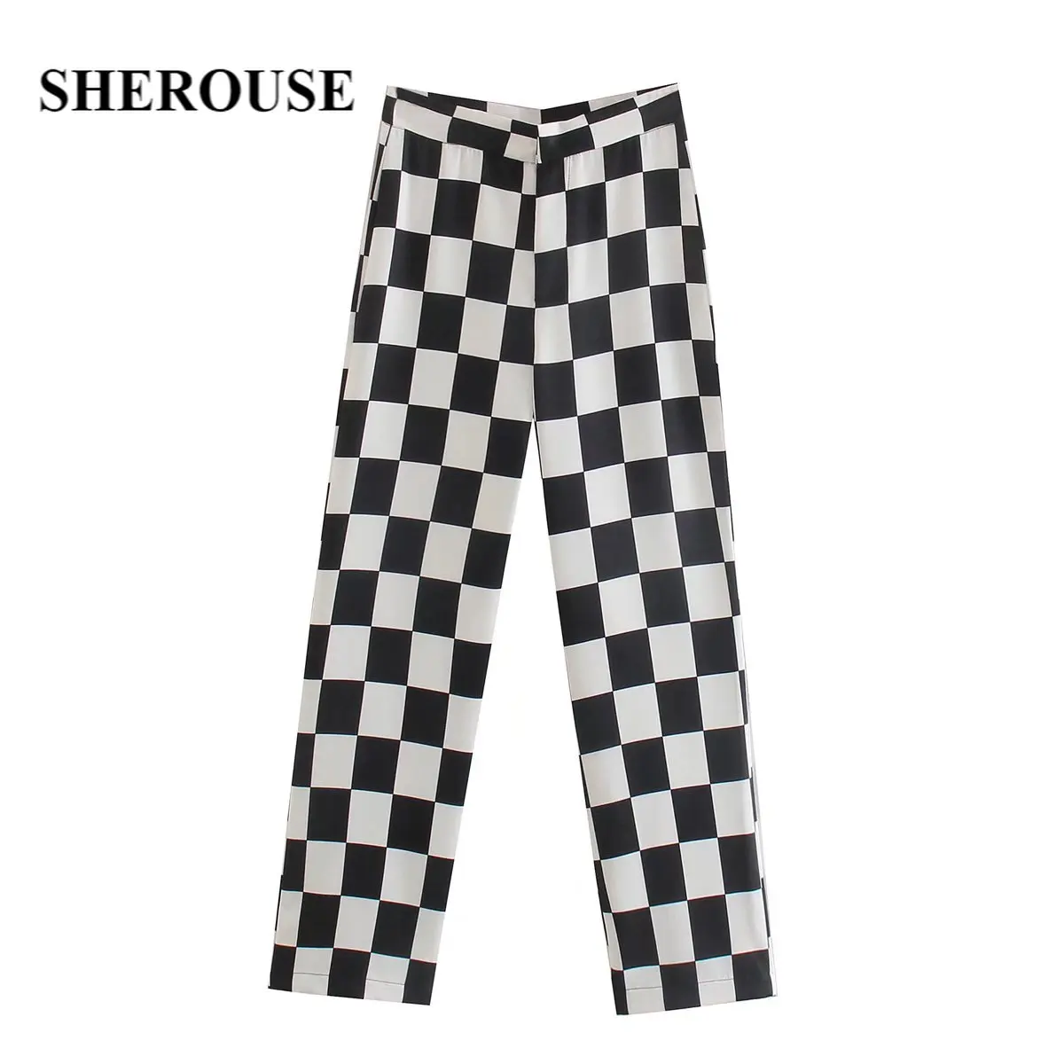 

Sherouse Women Fashion Black White Plaid Front Zipper Pants Vintage Hight-Waist Casual Elegant Female Trousers Chic Pants