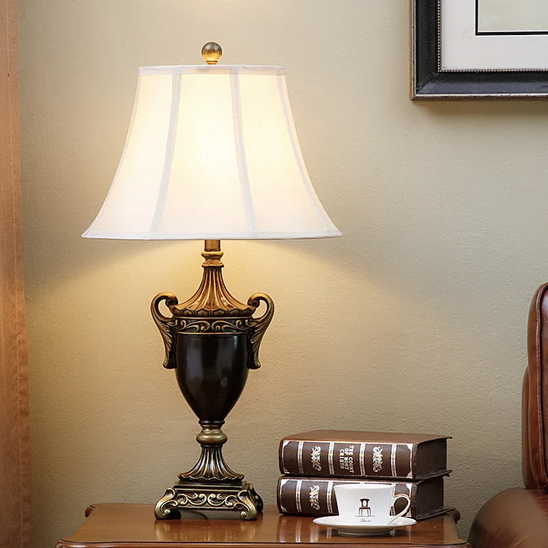 

European vintage brown resin Table Lamps Classical rural touch switch white fabric E27 LED lamp for bedside&foyer&studio SJBN015