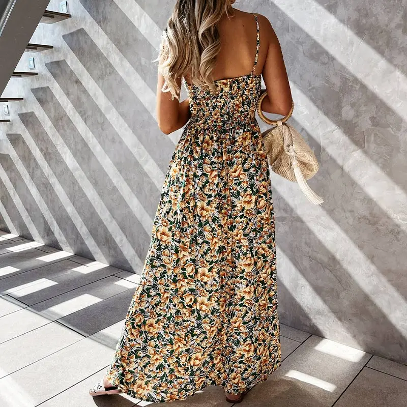 

Lady Vestido Sexy Backless Deep V-neck Floral Print Slip Dresses Elastic High Waist Midi Dress Summer Fashion Holiday Beach