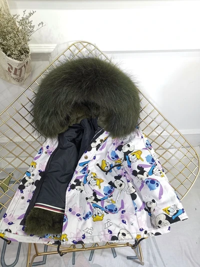 Micky Dark Green Детская зимняя куртка с отделкой из меха, пальто для мальчиков и девочек утепленное пальто из меха кролика с граффити, Детская меховая куртка для девочек, TZ147 - Цвет: Micky Dark Green