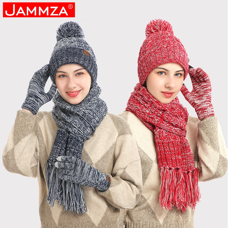 

Теплый Зимний вязаный шерстяной шарф с кисточками, шапка и перчатки, наборы для женщин, полосатый утолщенный костюм для женщин с защитой от ...