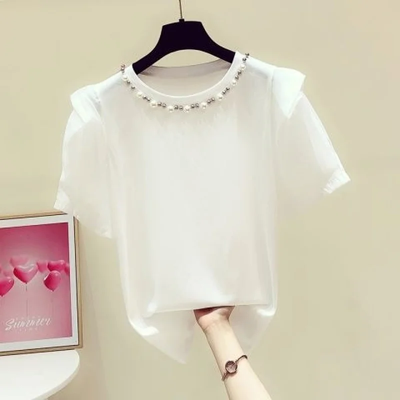 Женская футболка с буффами на рукавах однотонная элегантная офисная бусинами