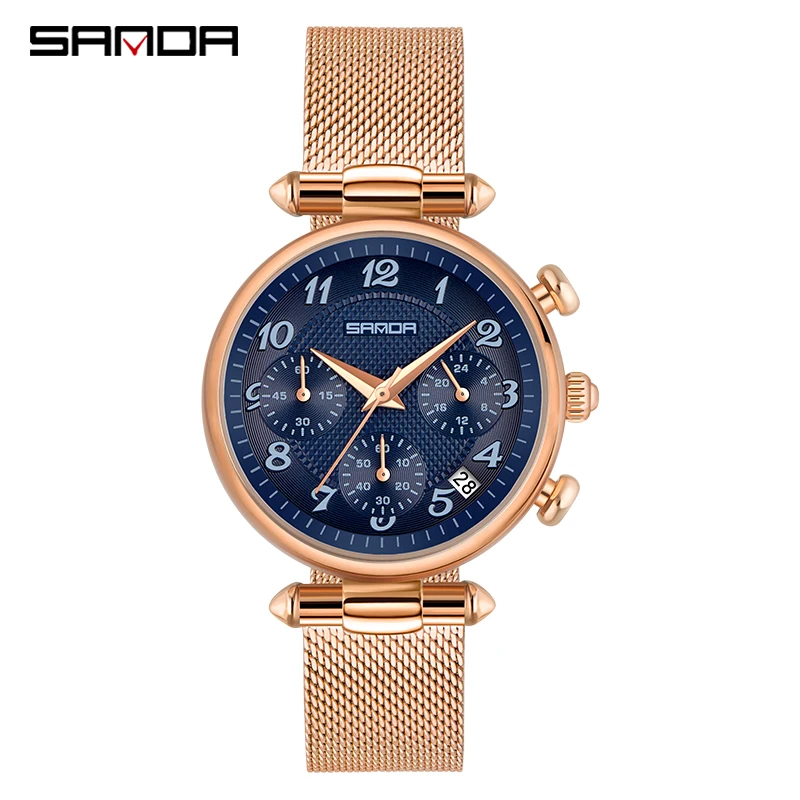 

SANDA Quartz Women Watch Stopwatch Calendar Waterproof Clock Rose Gold Mesh Strap Wristwatch Ladies Fashion Watch Relogio juer