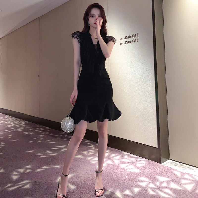 

new arrival fashion party bodycon dress women elegant summer sexy lace v-neck temperament OL chiffon black mermaid dress