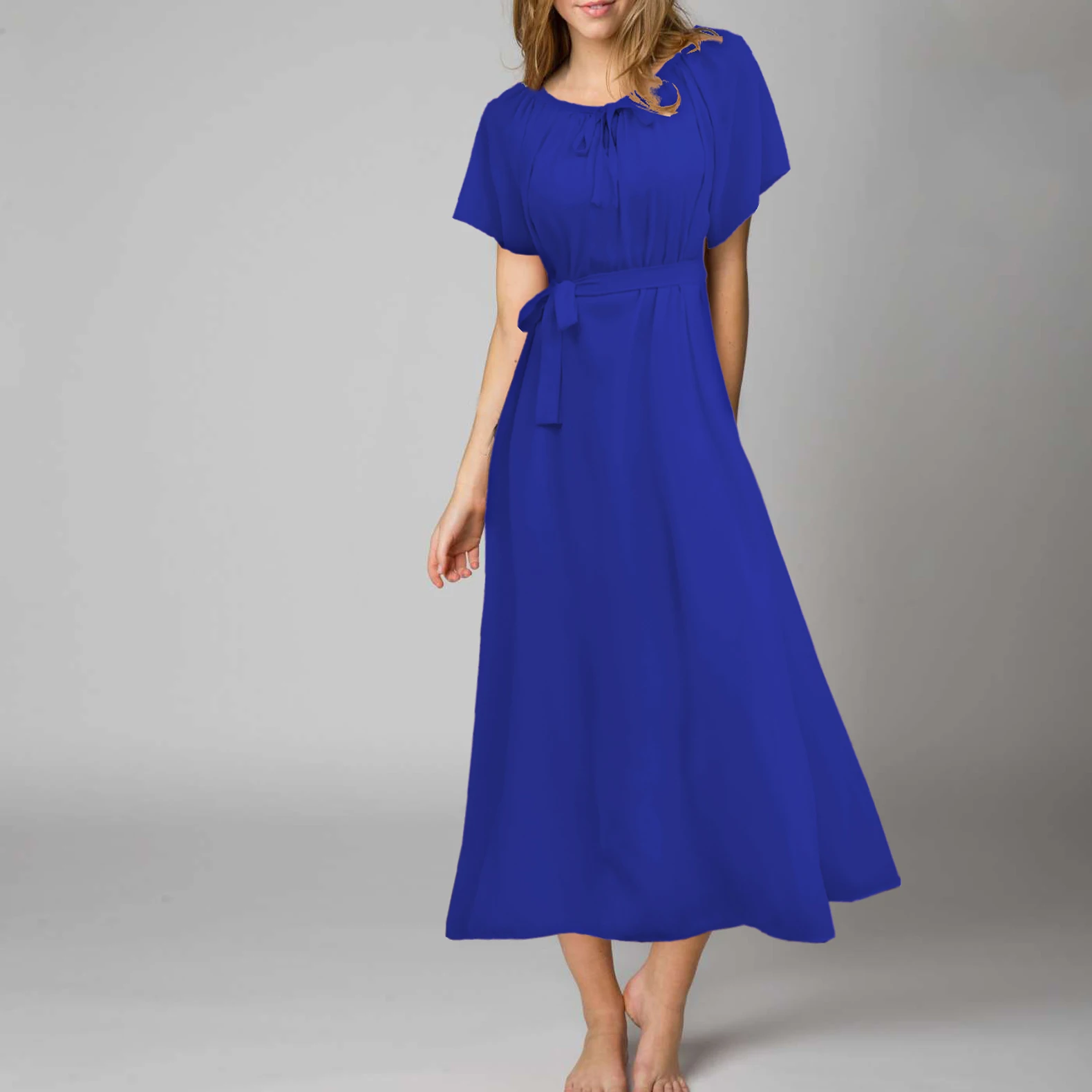 

Chiffon Dress Women Summer 2020 New Casual Beach Tunics Robe Femme Plus Size M~4XL Short Sleeve Vestido Belted Woman Dresses