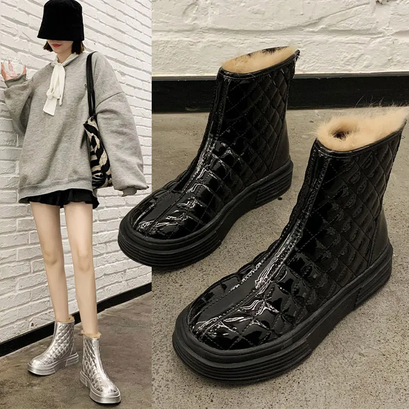 

Женские ботильоны, теплые плюшевые ботинки из искусственной кожи на платформе и молнии, женские короткие ботинки, уличная Удобная зимняя же...