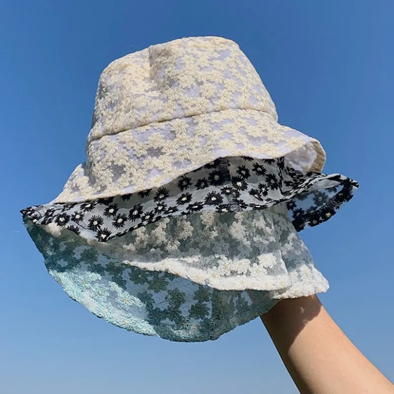 

Daisy Lace Embroidery Bucket Hats Women Branded Sunscreen Panama Hat Elegant Spring Summer Outdoor Fisherman Hat Beach Cap