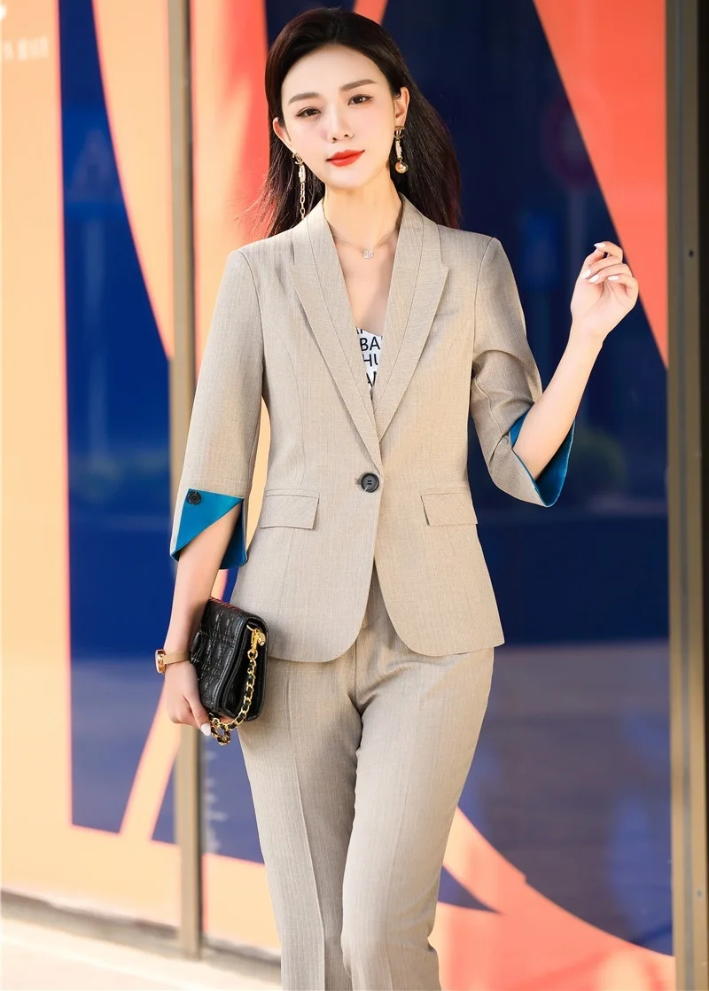 

Elegant Green Spring Summer Half Sleeve Formal Women Business Suits Professional Ladies Office Work Wear Blazers Set Outfits