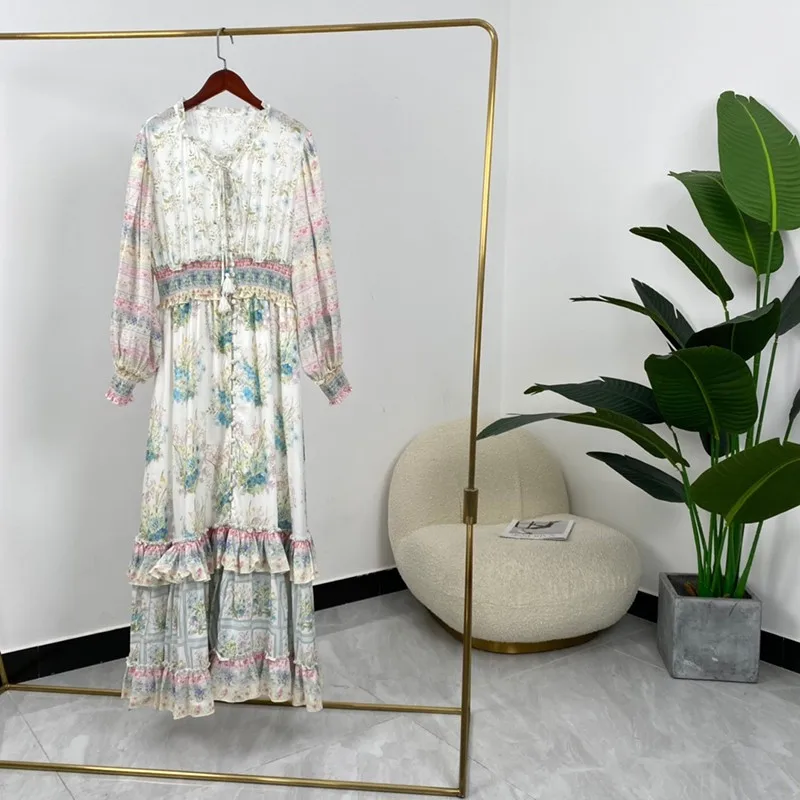 

Spring Summer Hot Sale Floral Print Elastic Shirred Waist Long Sleeve Elegant Slim Long Dresses