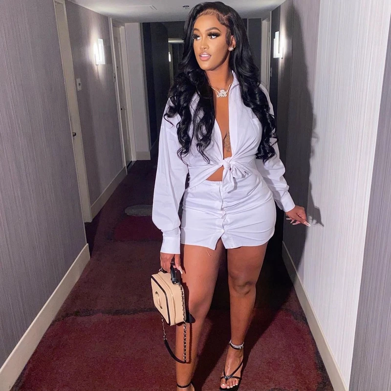 

Two Piece Set Women 2021 Spirng Summer Long Sleeve Crop Shirt Button Skirt Sexy Birthday Club Outfits 2pcs Matching Sets