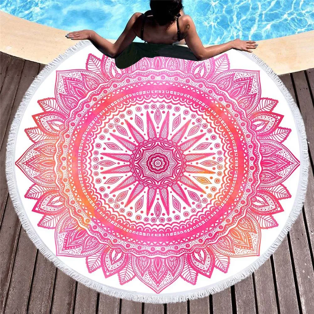 

Mandala Beach Towel Round Microfiber Bath Towels Sunscreen Shawl Cushion Home Travel Yoga Blanket Picnic Mat With Tassel Towel