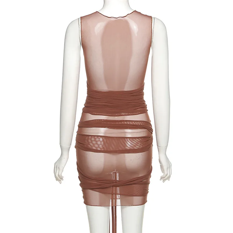 

New Trend Bodycon Mesh Dress Summer Clubwear Outfits Sleeveless See Through Sexy Night Club Women Dresses