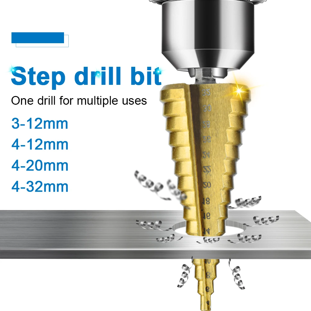 

3PCS 3-12/4-12/4-20mm HSS Straight Groove Step Drill Bit Titanium Coated Wood Metal Hole Cutter Core Drilling Tools Set