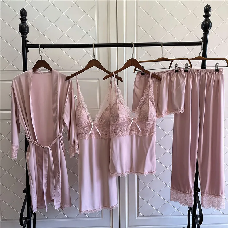 

Lace Trim 4PCS Pajamas Set Women Pyjamas Summer Thin Satin Sleepwear Casual Loose Kimono Bathrobe Gown Sexy V-neck Home Wear