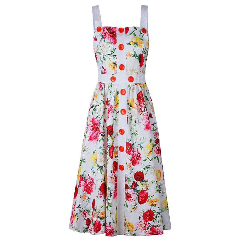 

New Women Long Sexy Dress Floral Printed Spaghetti Buttons Slim Lady Date Party Dresses vestio