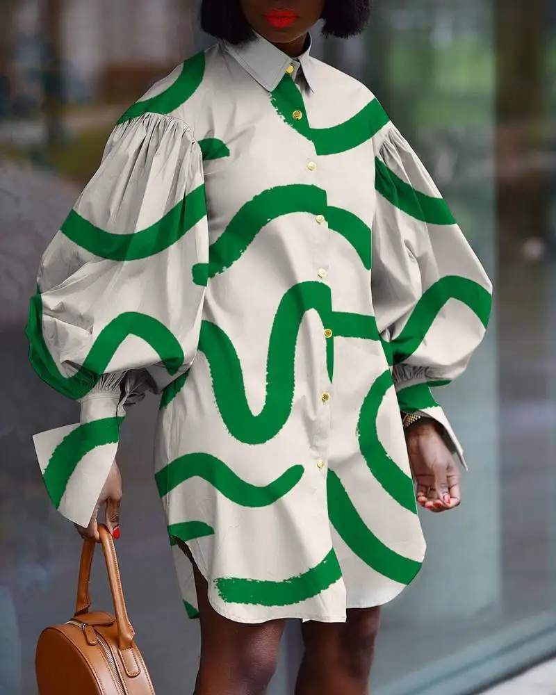 

2022 New Large Size Lantern Sleeve Curve Printing Retro Temperament Commuter Women's Loose Dress