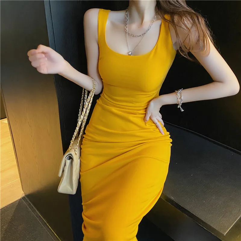 

CMAZ 2021 women summer chic party dress sexy sleeveless long cotton slim backless vest dress 1760#