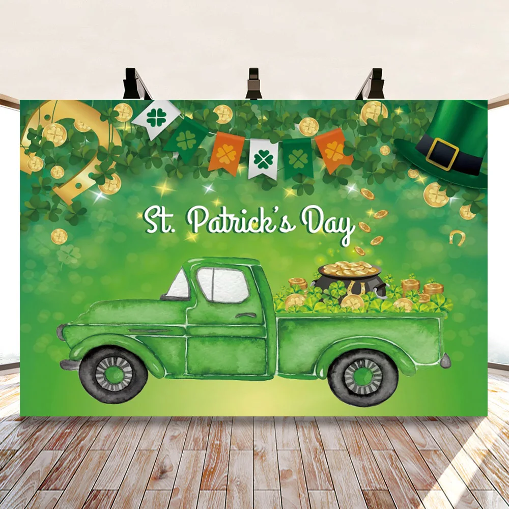 

Happy St. Patrick's Day Clover Green Truck Background Get Good Luck Family Holiday Party Backdrop Decoration Booth Poster