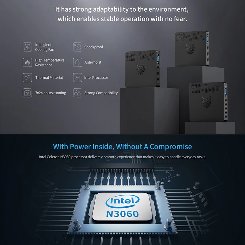 Мини ПК BMAX B1 Intel Celeron N3060 Windows 10 4 Гб ОЗУ 64 ГБ EMMC 2 ГГц + 5 Wi Fi 1000 Мбит/с BT4.2 USB3.0 поддержка