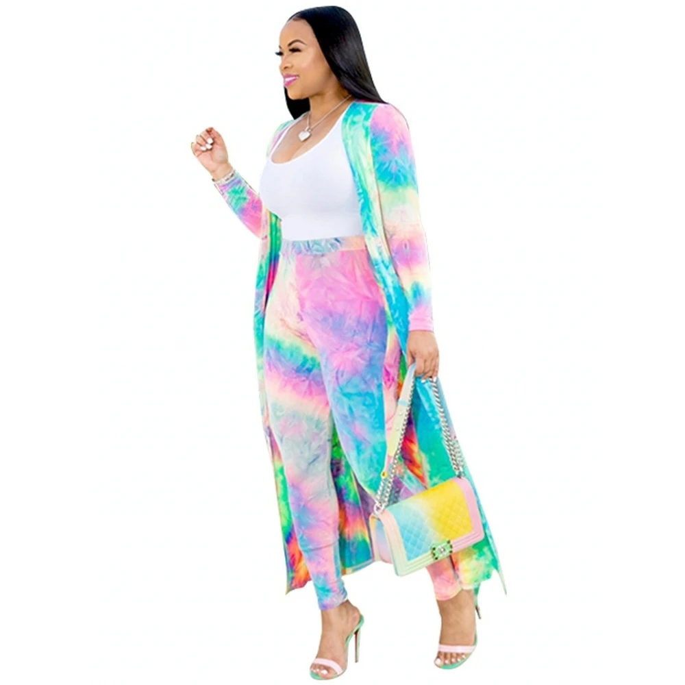 S-4XL Big Size Two Piece Matching Set Women Sexy Tie Dye Print 2 Pieces Set Ladies Long Cardigan Tops+Pants Tracksuits Outfits