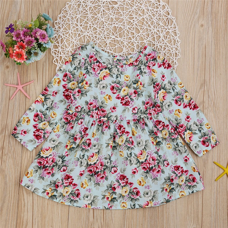 2021 Spring Fall Kids Dresses for Girls Baby Clothes Children Long Sleeve Floral Print Princess Flower Girl | Детская одежда и
