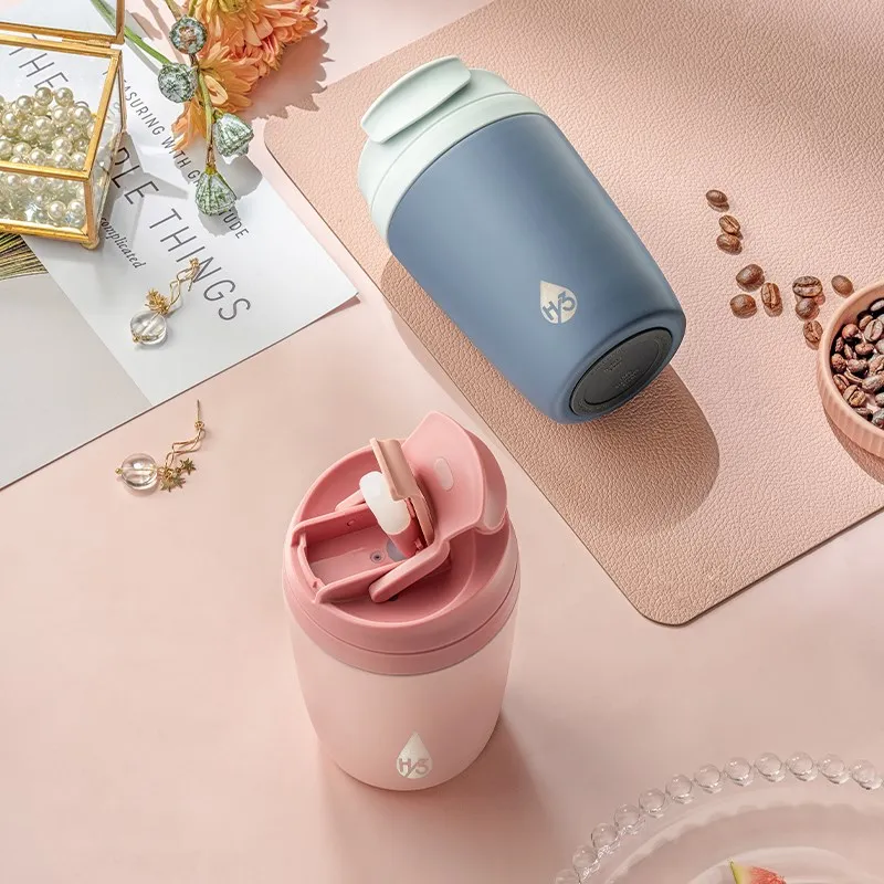 

304 Stainless Steel Vacuum Flask with Straw Portable Travel Leakproof Thermos Cup 2 Usage Insulated Coffee Mug 350ml