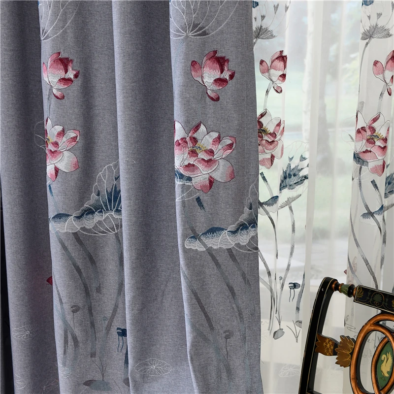 Современные роскошные серые Лотос вышитые шторы для гостиной окна высокого