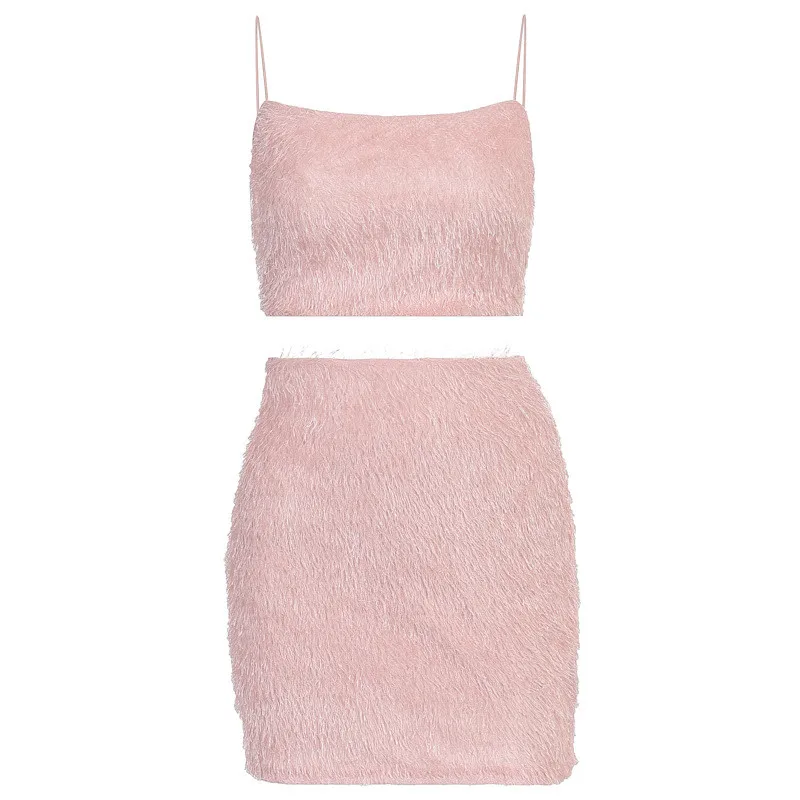 

CHRONSTYLE 2020 Women Sexy 2 Pieces Set Sleeveless Off Shoulder Strap Tank Crop Tops High Waist Mini Pencil Skirt Women Dress