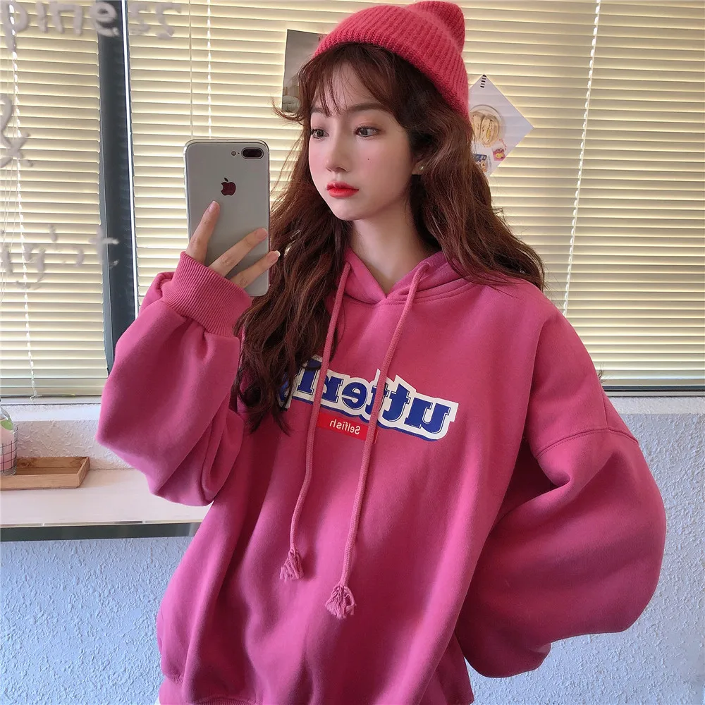 

Letter Print Hoodies Sweatshirts Women O-Neck Long Sleeve Loose Casual Pullovers Boyfriend Style Harajuku Hooded Velvet X836