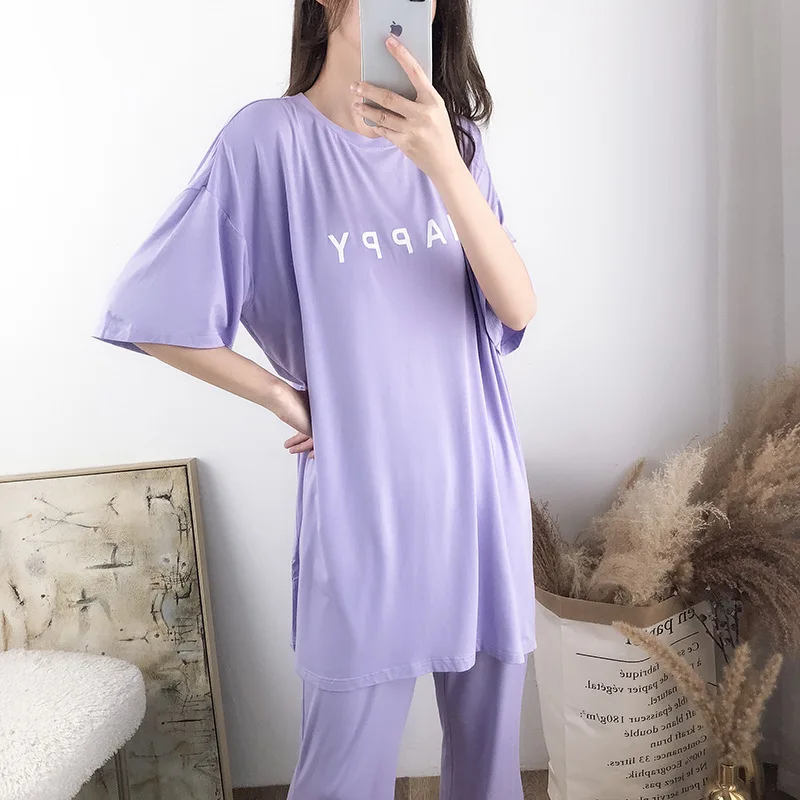 

YUEY 2020 Female Summer Pajamas Modal Thin Two-Piece Short Sleeve Nightdress Trousers L Tracksuit Set Fat mm May Be Outer Wear