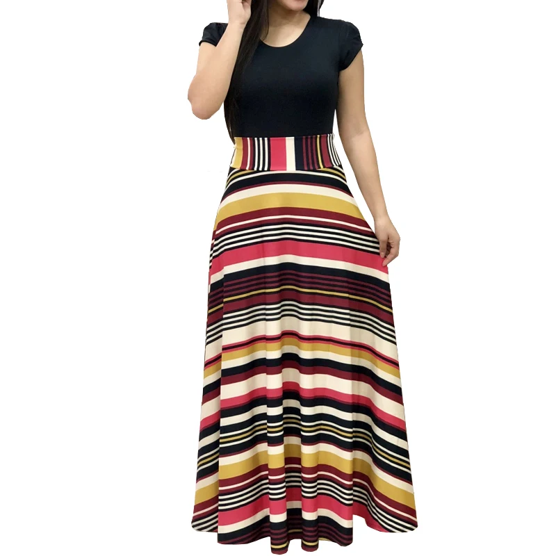 

Women Short Sleeves Long Dress Female Florial Maxi Dressk Flower Printed Patchwor Dresses Draped Vestidos Casual Robe