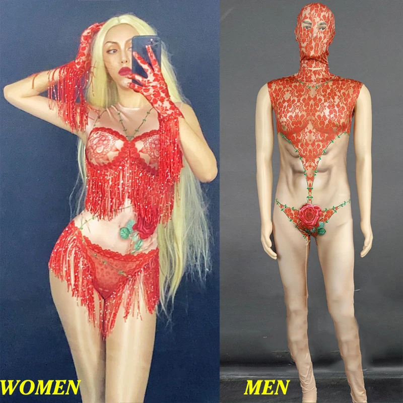 

Bar Club Singer Festival Clothing Fake Nude Bodysuit Lace Red Fringe Dance Costume Pole Dance Performance Stage Outfit vdb2290