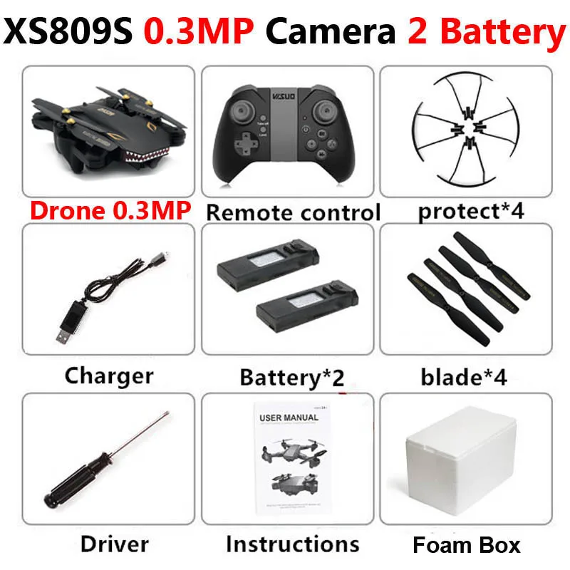 0.3MP 2 Battery Foam VISUO XS809S Профессиональный складной селфи мини-Дрон с камерой 2MP HD WiFi FPV широкоугольный XS809HW RC Квадрокоптер Вертолет игрушка - Цвет: 0.3MP 2 Battery Foam