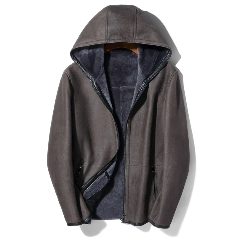 

One In New Coat Fur Men's Genuine Leather Clothes Hooded Winter Sheepskin Fashion Men Shearling Jacket