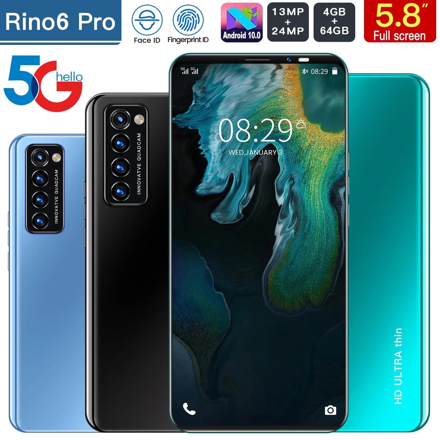 

Rino6 Pro Mobile Phone 5.8 inch 64GB ROM 4GB RAM Smartphone 4800mAh free shipping Mobile Phone Cheap phone Android 10