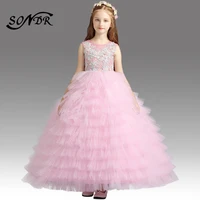 pink flower girl dresses ht080 elegant tiered tulle pricess ball gowns o neck appliques lace flower girls dress for weddings