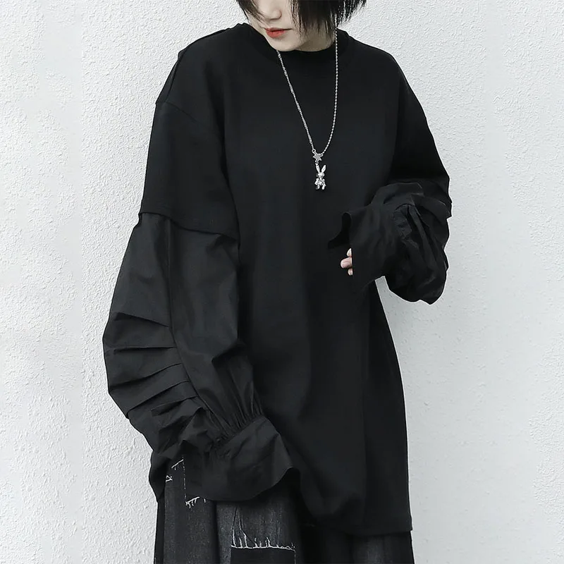 

2021 Spring New Black Round Neck Bubble Sleeve Stitching T-shirt Loose Slim Long Sleeve Blouse Tops Plus Size Female