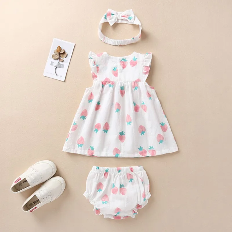 

Baby Girls Clothes Summer Dress Newborn Infant Dresses Strawberry Pattern Flare Sleeve Dress With PP Pants Headband Sundress Set