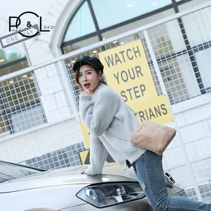 Однотонные роскошные сумки из кроличьего меха женские дизайнерские модные через