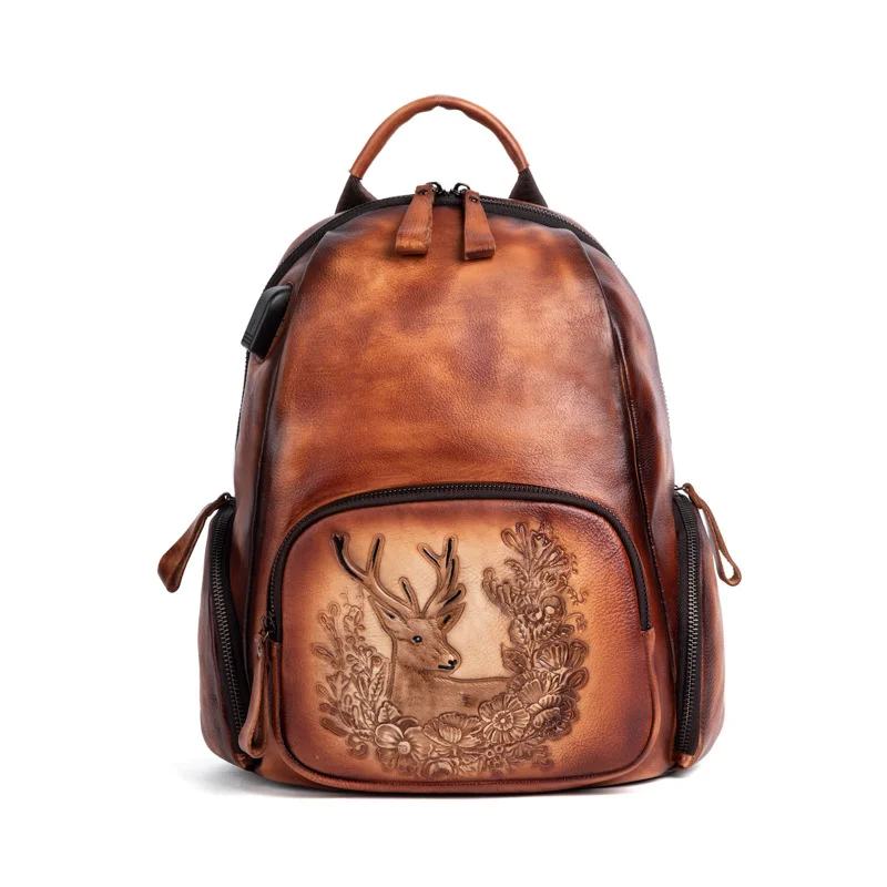 

Live broadcast large capacity Backpack NEW brush color top layer cowhide women's bag personalized deer head portable backpack
