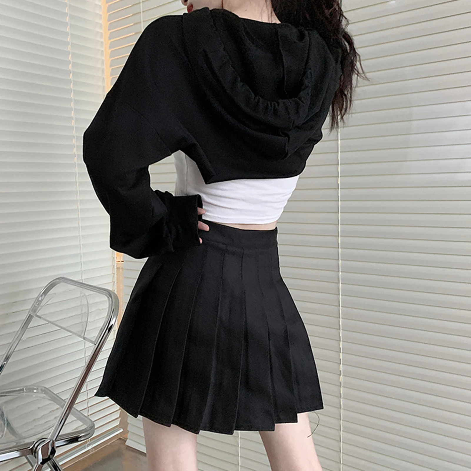 Women Solid Color Long Sleeve Drawstring Micro Hoodie Irregular Short Sweatshirt