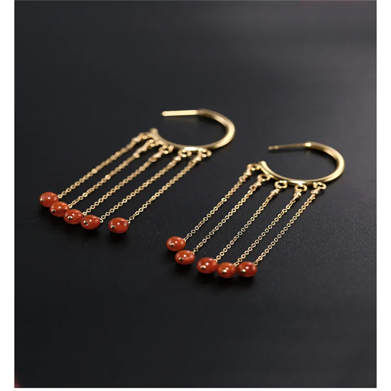 

DMBS036 Liangshan South Red Agate Tassel Earrings Women's Day Genuine Ran Yellow 14K Gold Injection Long Ear Hook