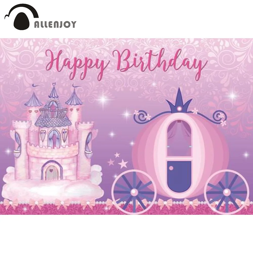 

Allenjoy Happy 1st Birthday Party Backdrop Pink Princess Castle Girl Bow Baby Shower Carriage Newborn Photocall Background