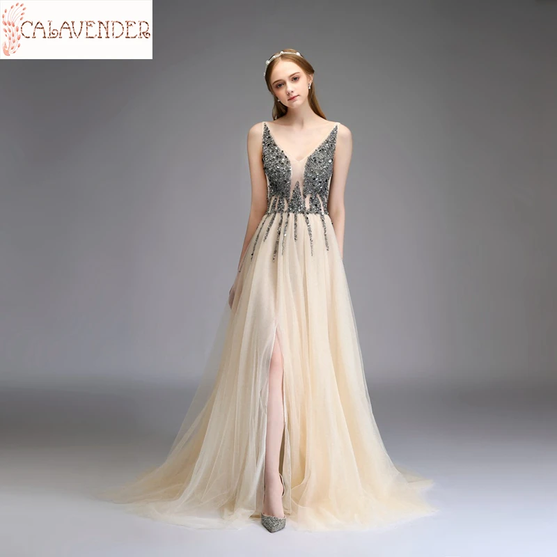 

Bling White Evening Dresses A-Line V-Neck High Slit abiti da cerimonia Crystals Beaded Party Dresses for Women