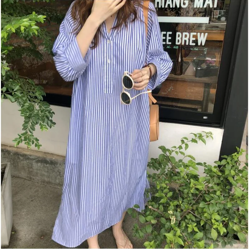 

2020 Fashion Women 3/4 Sleeve Striped Midi Dress Casual Cotton Linen V-Neck Slim Long Dress Elegant Party Holiday Vestido CL336