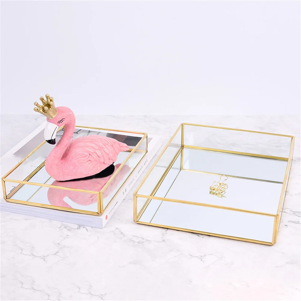 

Nordic Retro Storage Tray Gold Rectangle Glass Makeup Organizer Tray Dessert Plate Jewelry Display Home Kitchen Decor