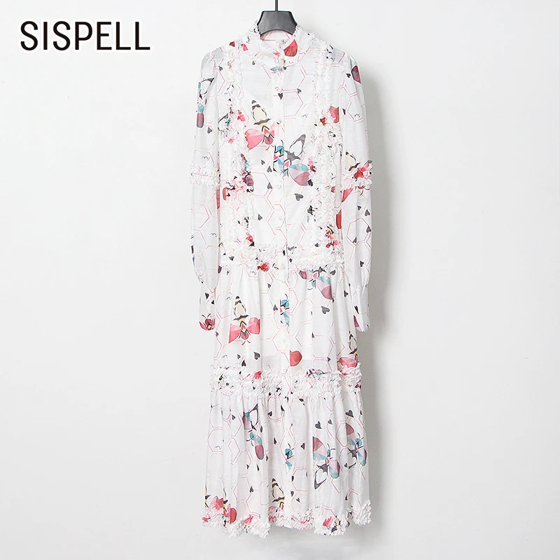 

SISPELL Vintage Colorblock Maxi Dress For Women Stand Collar Long Sleeve High Waist Slimming Casual Dresses 2021 Females Clothes