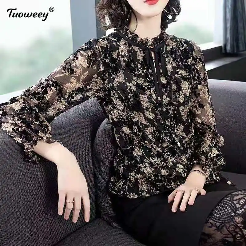 

2021 new Women Spring Summer Style plus size Chiffon Blouses Shirts Lady Casual long Sleeve o neck Ruffles Decor Blusas Tops